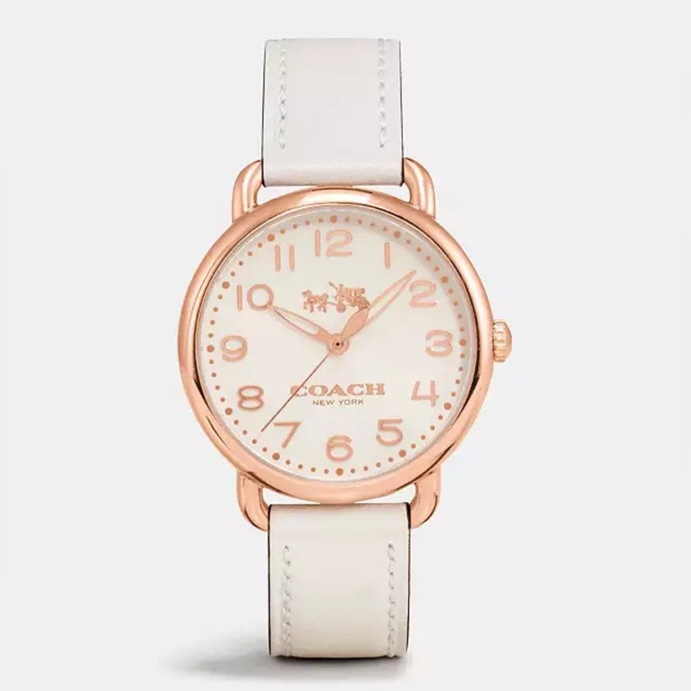 NIB Coach Delancey Rose Gold Tone Sunray Dial Leather Strap Watch Ivory White